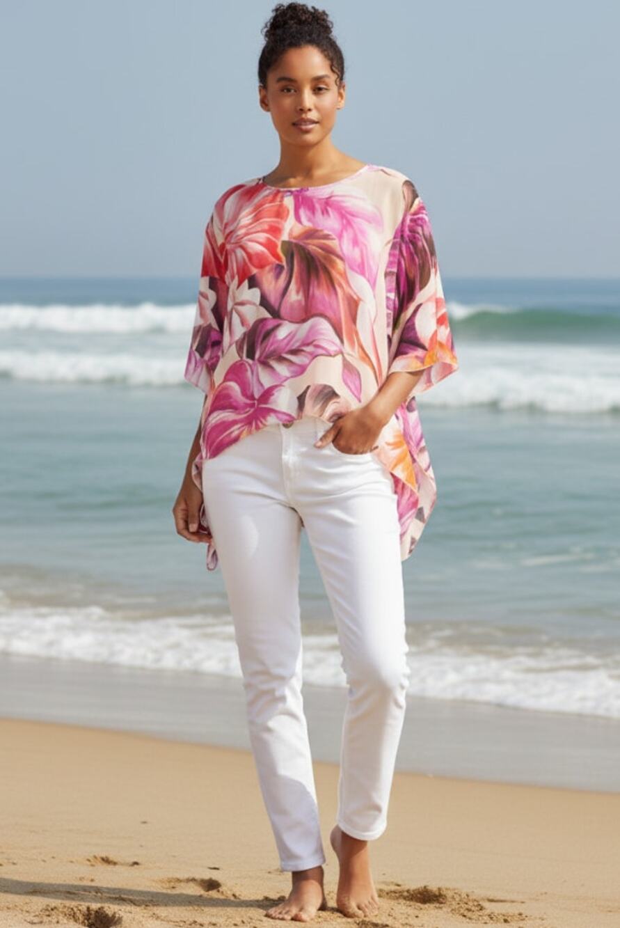 KAREN KANE TROPICAL FLORAL FLARE HEM BLOUSE XS NWT PINK ORANGE ELBOW SLEEVE $158